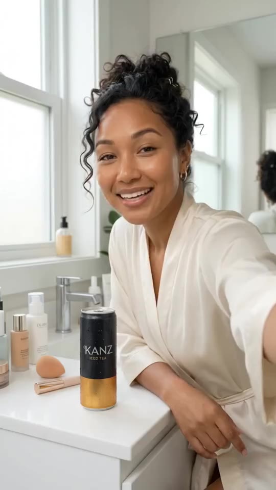 Still frame of a woman in a cream robe at a bathroom counter with a 'KANZ iced tea can